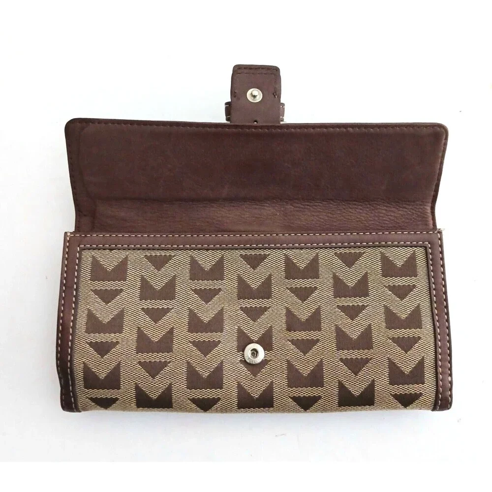 Michael Kors Brown Leather Brown Logo Jacquard Buckle Flap Rect Bi Fold Wallet
